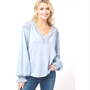 Free People Light Blue Long Sleeve V-Neck Blouse with Lace Trim